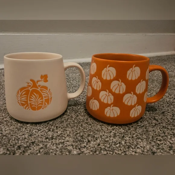 Pumpkin Themed Ceramic Mug Set Orange and Cream - Picture 2 of 3
